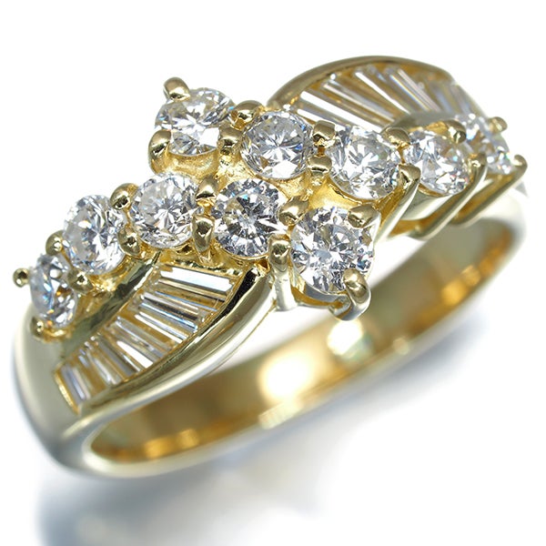 ダイヤ 1.04ct テーパー 2種カット ウェーブ リング K18YG 