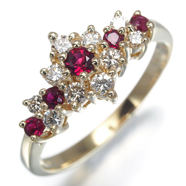  ルビー 0.31ct  ダイヤ 0.30ct フラワー  リング K14YG 