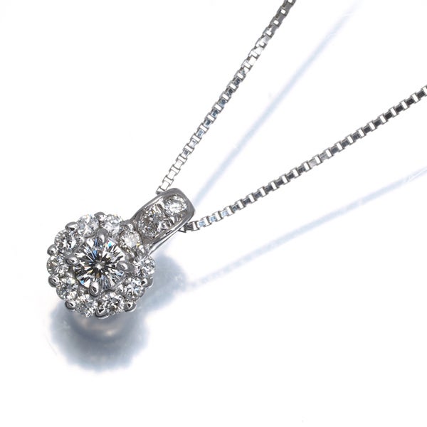  ダイヤ 0.11ct/0.09ct フラワー パヴェ サークル  ネックレス K18WG 