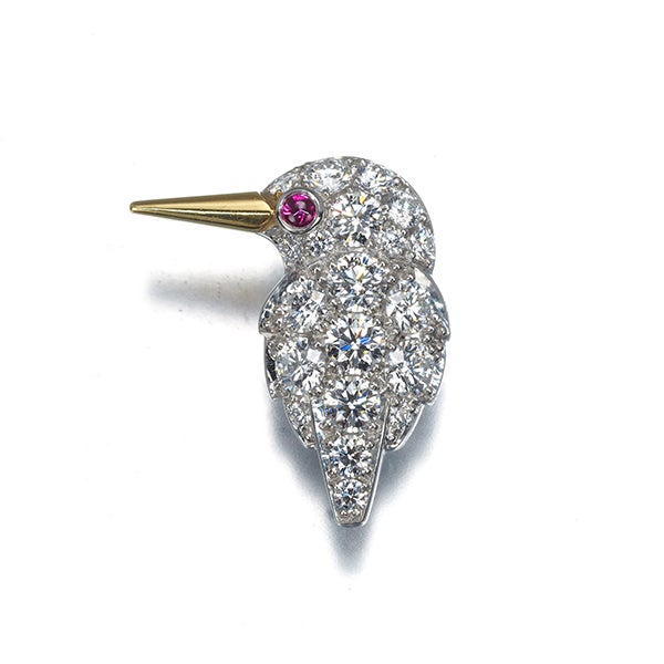 チャー ブローチ  ダイヤ 0.63ct  ルビー  カワセミ 鳥 アニマル K18YG/Pt950 