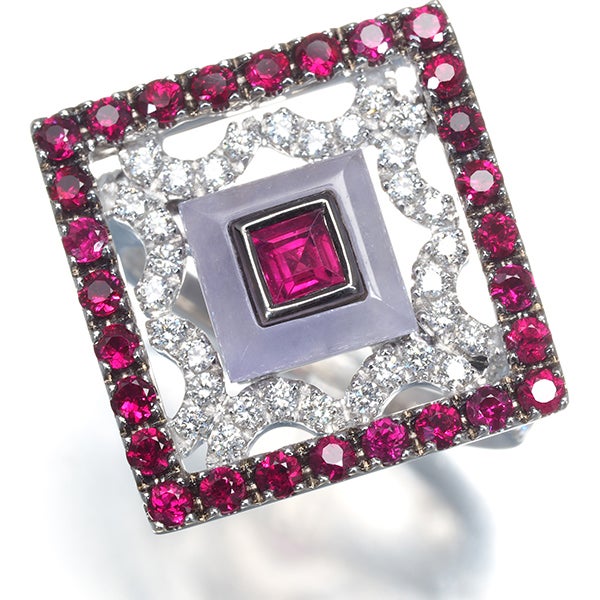  ルビー 1.58ct ラベンダー翡翠 0.90ct  ダイヤ 0.52ct スクエア  リング K18WG ソ