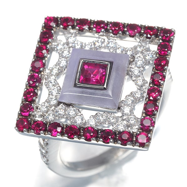  ルビー 1.58ct ラベンダー翡翠 0.90ct  ダイヤ 0.52ct スクエア  リング K18WG ソ