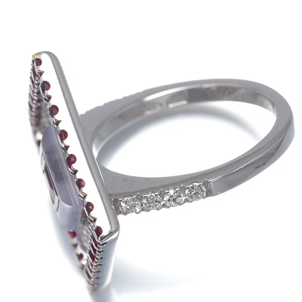  ルビー 1.58ct ラベンダー翡翠 0.90ct  ダイヤ 0.52ct スクエア  リング K18WG ソ