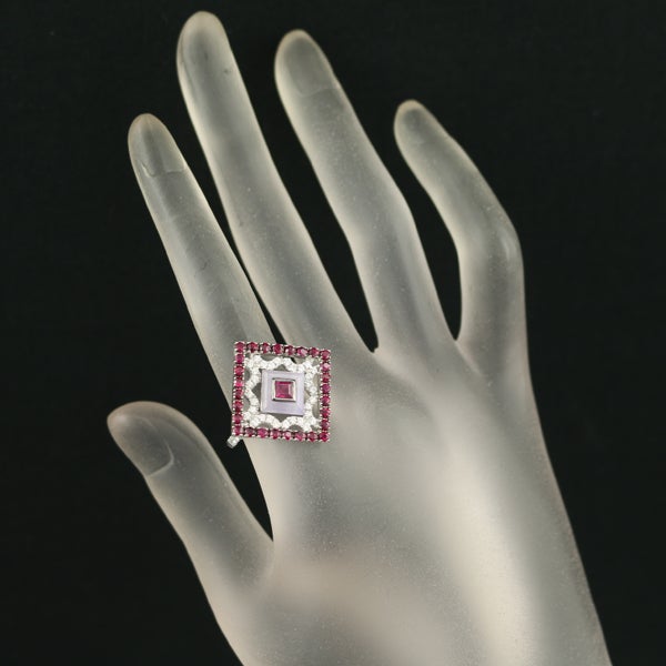  ルビー 1.58ct ラベンダー翡翠 0.90ct  ダイヤ 0.52ct スクエア  リング K18WG ソ