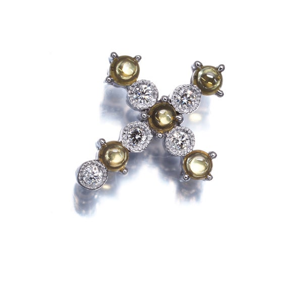 イエローサファイア 0.25ct  ダイヤ カボション クロス ミルグレイン  ペンダントトップ K18WG ソ