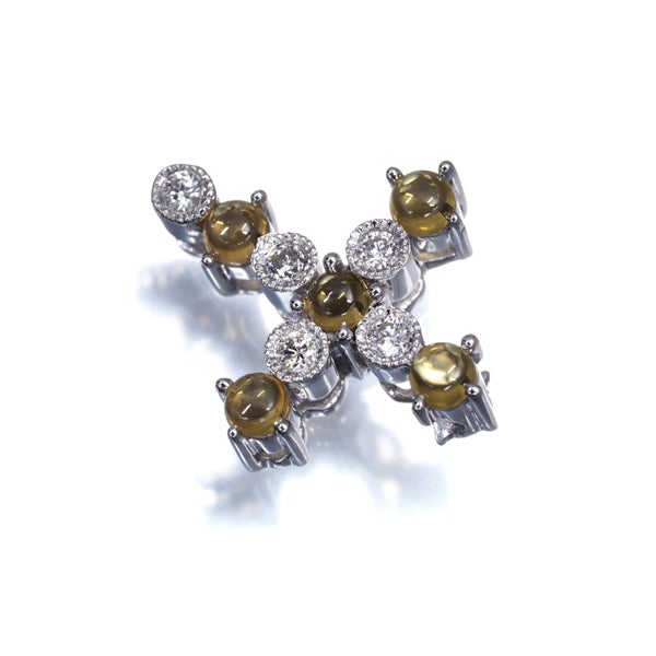 イエローサファイア 0.25ct  ダイヤ カボション クロス ミルグレイン  ペンダントトップ K18WG ソ