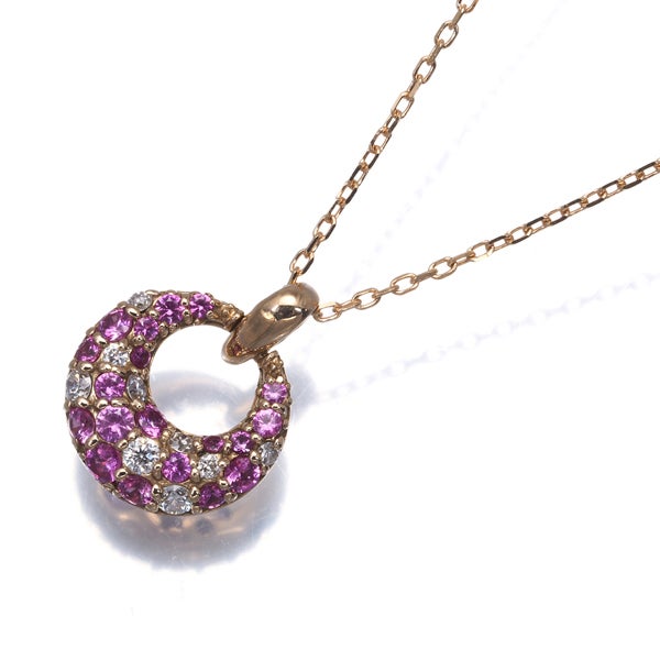  ピンクサファイア 0.18ct  ダイヤ 0.05ct サークル パヴェ  ネックレス K18PG 