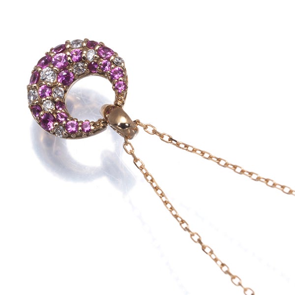 ピンクサファイア 0.18ct  ダイヤ 0.05ct サークル パヴェ  ネックレス K18PG 