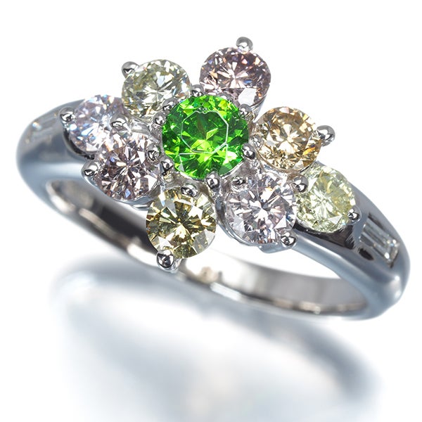 デマントイドガーネット 0.37ct  ピンク&イエロー ダイヤ 1.40ct   リング Pt900 ソ