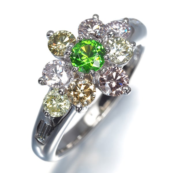 デマントイドガーネット 0.37ct  ピンク&イエロー ダイヤ 1.40ct   リング Pt900 ソ