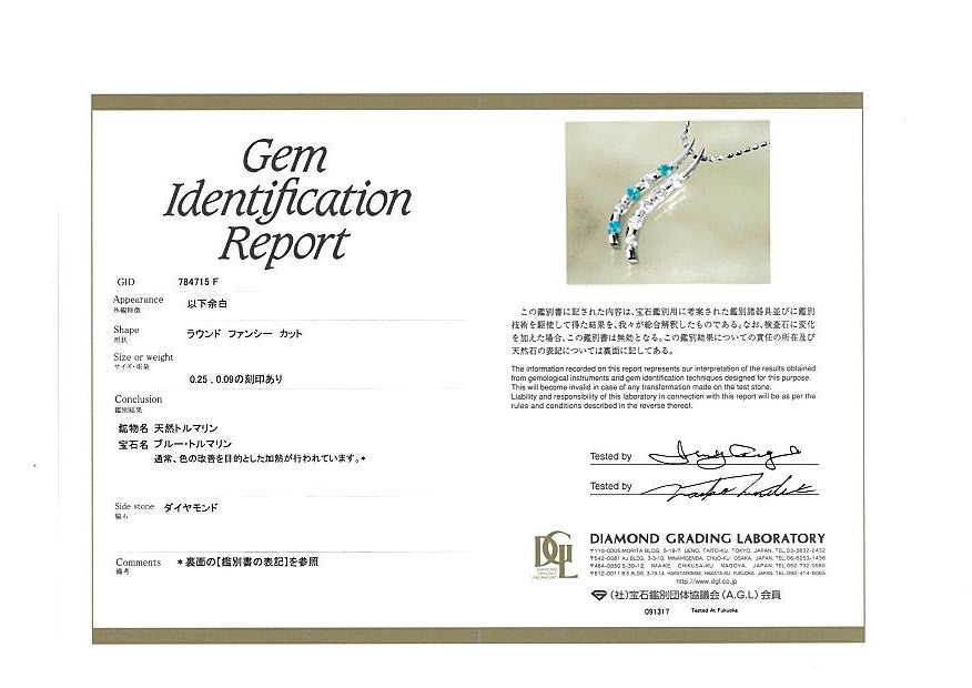  パライバトルマリン 0.09ct  ダイヤ 0.25ct   ネックレス K18WG 鑑別書