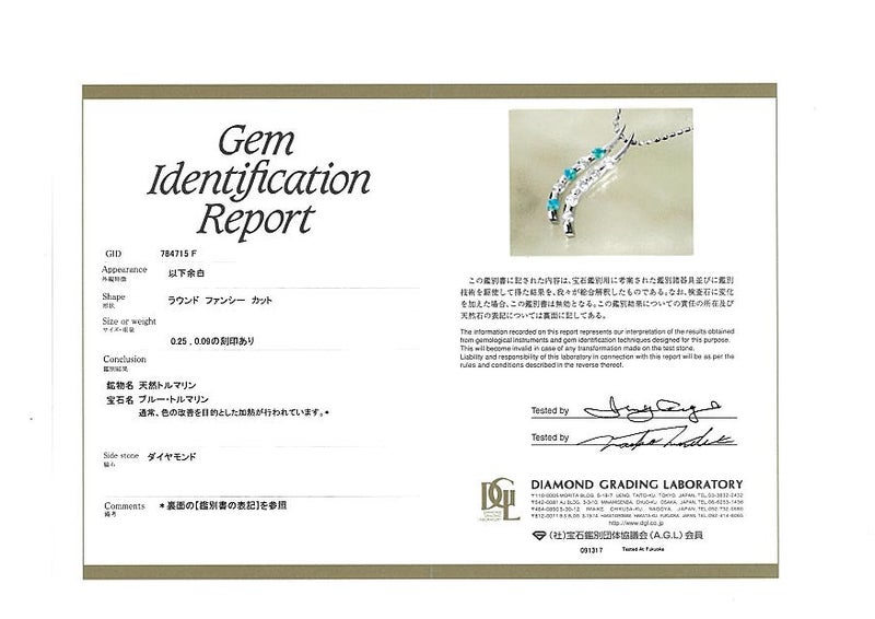  パライバトルマリン 0.09ct  ダイヤ 0.25ct   ネックレス K18WG 鑑別書