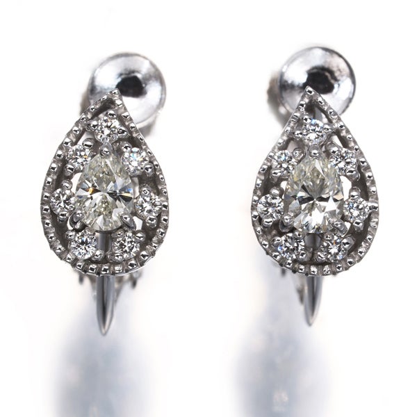 ダイヤ 0.24ct/0.24ct ティアドロップ ミルグレイン  イヤリング K18WG/K14WG 