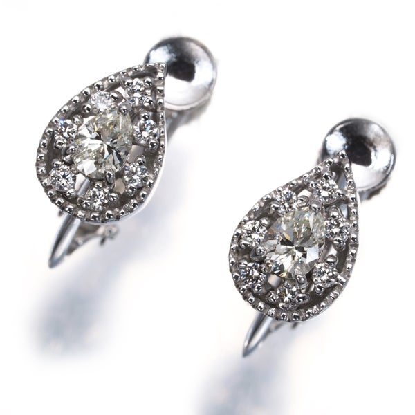  ダイヤ 0.24ct/0.24ct ティアドロップ ミルグレイン  イヤリング K18WG/K14WG 
