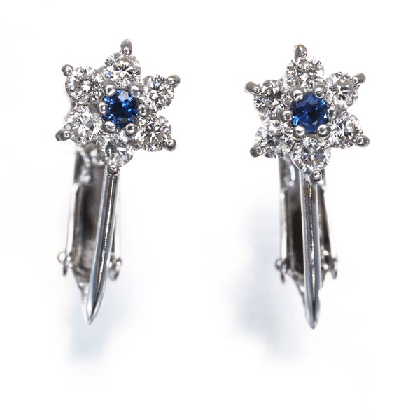  サファイア  ダイヤ 0.26ct/0.26ct フラワー  イヤリング K18WG 