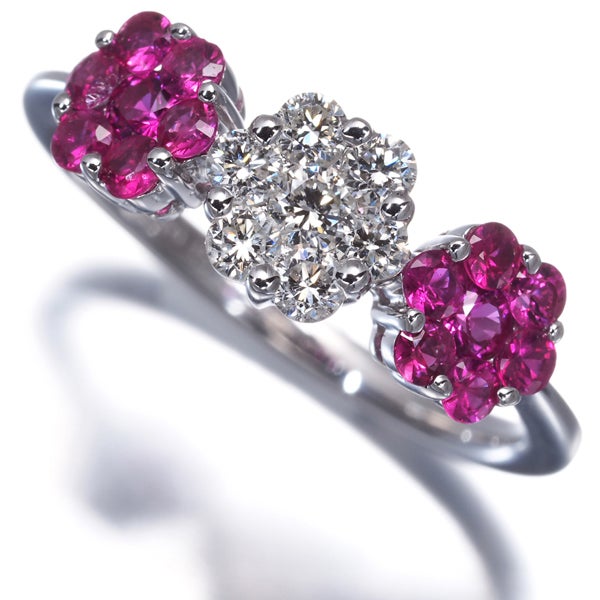 ルビー 0.68ct  ダイヤ 0.35ct フラワー  リング K18WG 