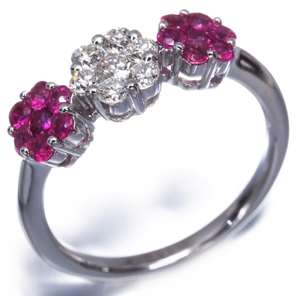 ルビー 0.68ct  ダイヤ 0.35ct フラワー  リング K18WG 