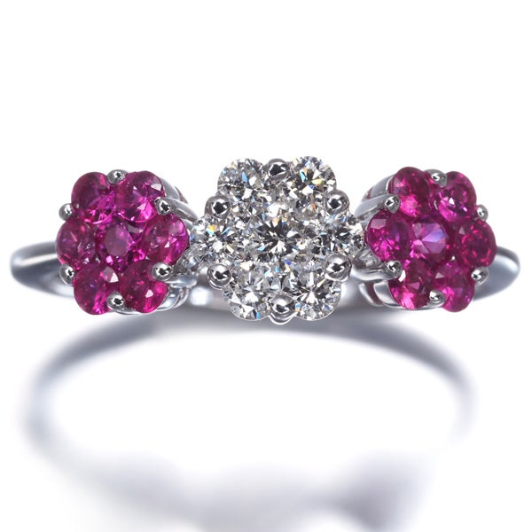 ルビー 0.68ct  ダイヤ 0.35ct フラワー  リング K18WG 