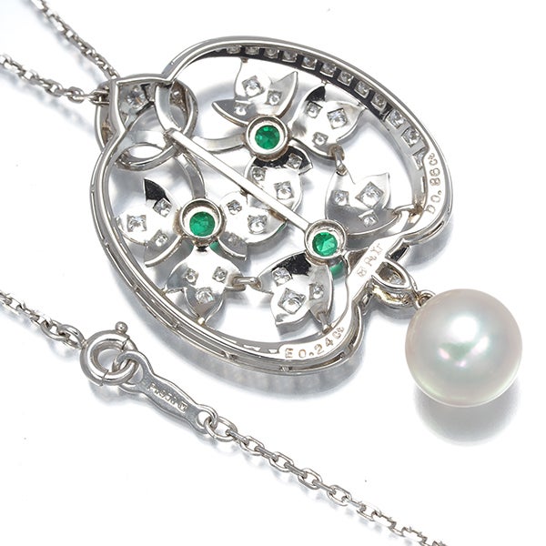 ミキモト ネックレス  アコヤ真珠 9.0mm エメラルド 0.24ct ダイヤ 0.86ct  Pt950