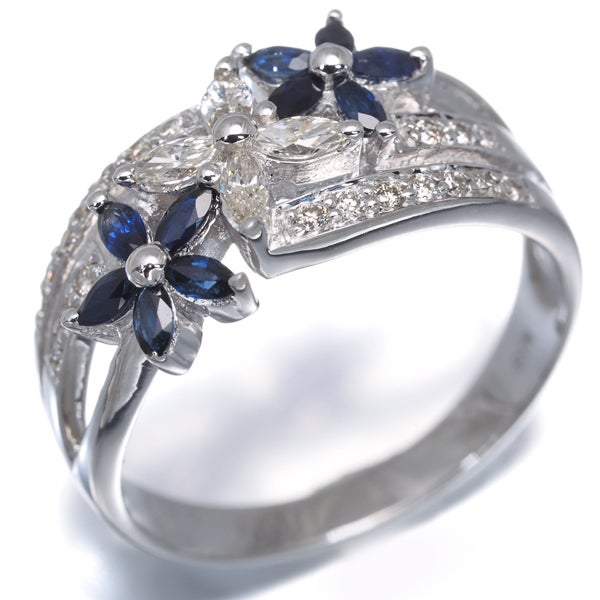  サファイア 0.40ct  ダイヤ 0.35ct フラワー  リング K18WG 