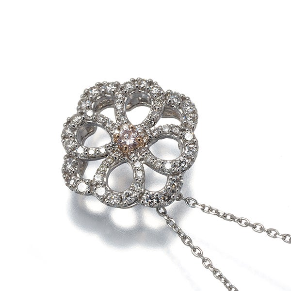 ピンク&クリア ダイヤ 0.052ct/0.48ct フラワー ネックレス Pt950/Pt850/K18PG ソ