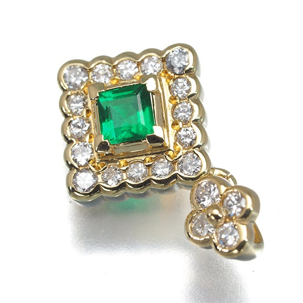  エメラルド 0.23ct ダイヤ 0.30ct 2種カット 揺れる フラワー  ペンダントトップ K18YG 