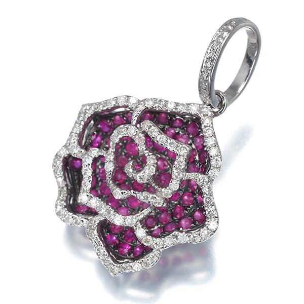 ルビー 0.75ct ダイヤ 0.30ct 薔薇 フラワー  ペンダントトップ K18WG/ブラックコーティング