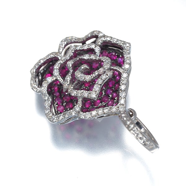 ルビー 0.75ct ダイヤ 0.30ct 薔薇 フラワー  ペンダントトップ K18WG/ブラックコーティング