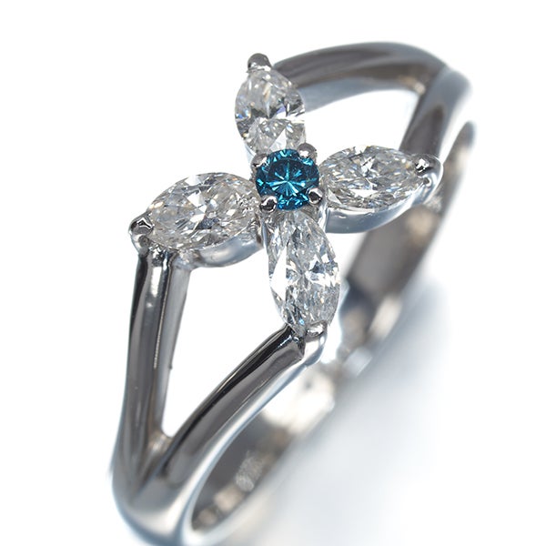 ブルー&クリア ダイヤ 0.45ct フラワー  リング Pt900 