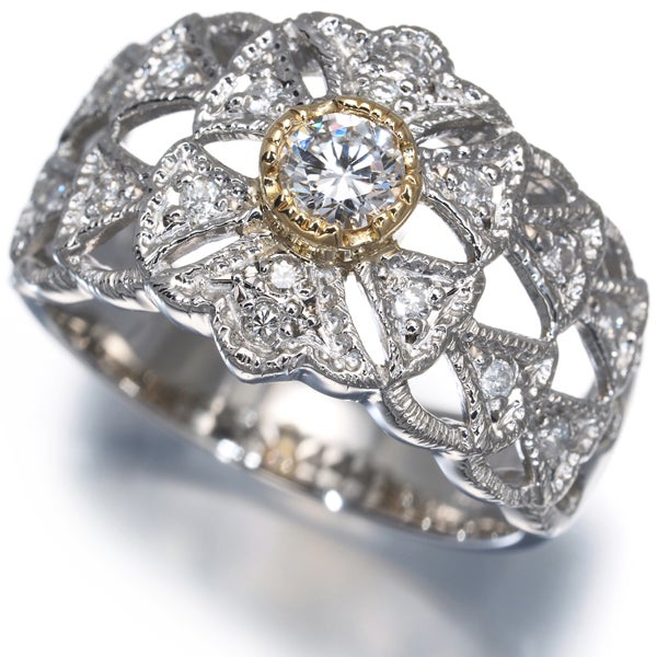  ダイヤ 0.21ct/0.17ct 彫金 透かし  リング K18YG/Pt900 