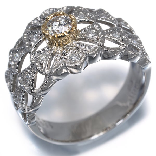  ダイヤ 0.21ct/0.17ct 彫金 透かし  リング K18YG/Pt900 