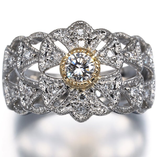  ダイヤ 0.21ct/0.17ct 彫金 透かし  リング K18YG/Pt900 