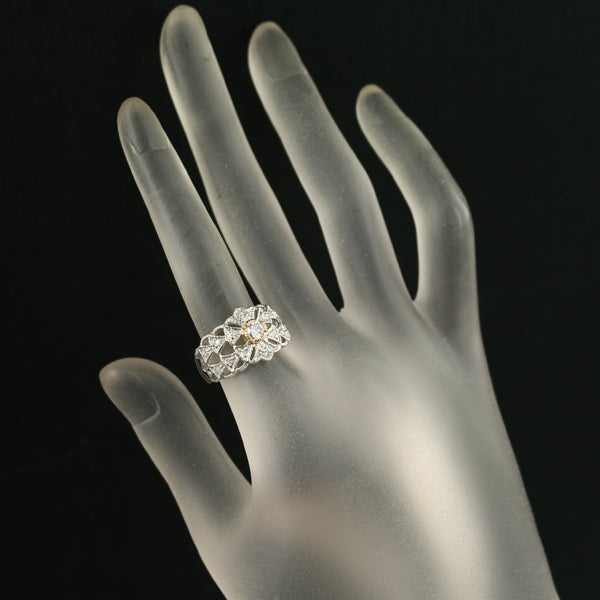  ダイヤ 0.21ct/0.17ct 彫金 透かし  リング K18YG/Pt900 