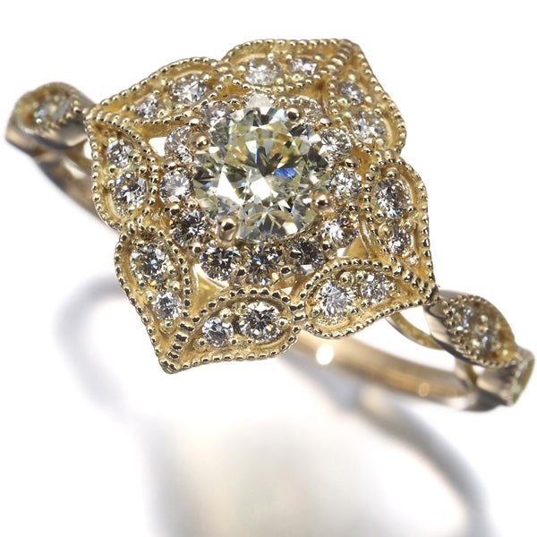 イエロー ダイヤ 0.36ct/0.33ct ミルグレイン  リング K18YG 