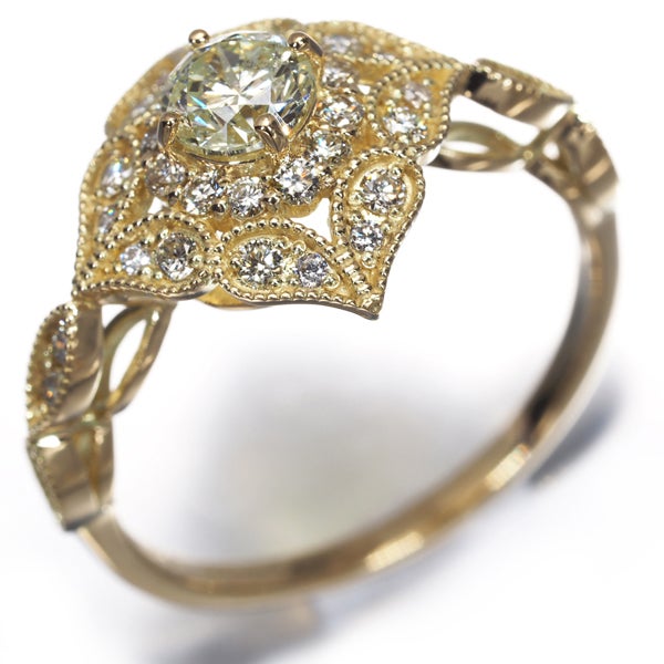 イエロー ダイヤ 0.36ct/0.33ct ミルグレイン  リング K18YG 