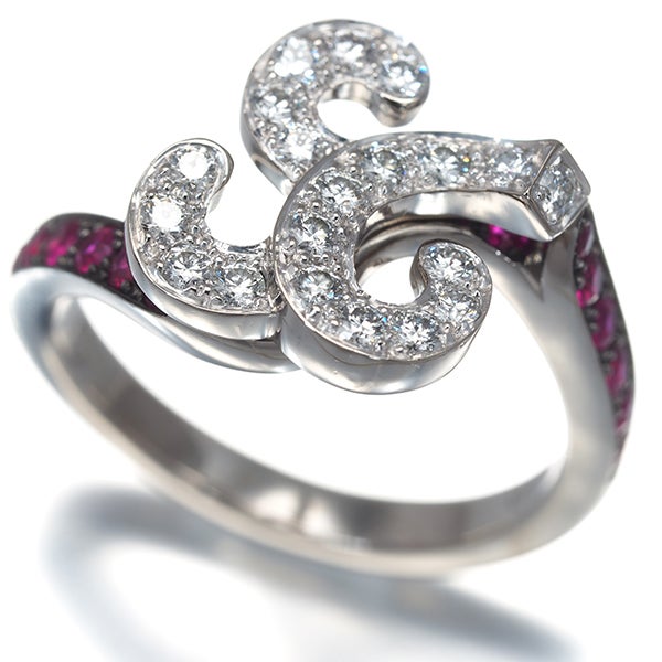 俄 リング  ダイヤ 0.24ct ルビー 唐花 9号 K18WG/ブラックコーティング 