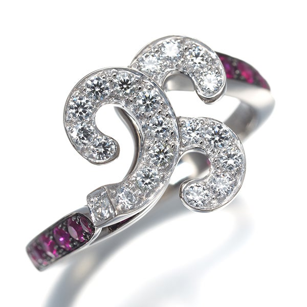 俄 リング  ダイヤ 0.24ct ルビー 唐花 9号 K18WG/ブラックコーティング 