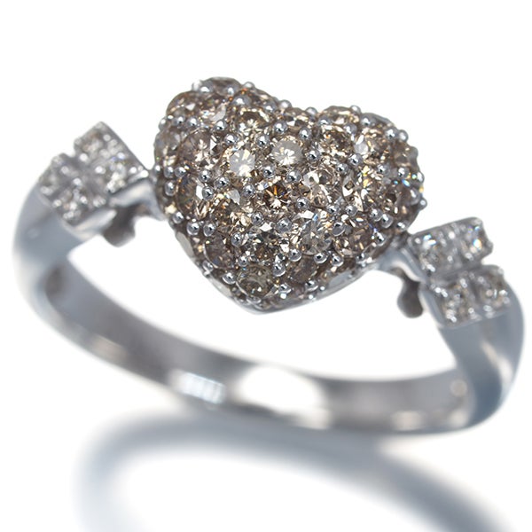 笠原真寿美 リング ブラウン&クリア ダイヤ 0.70ct/0.05ct  パヴェ ハート 11号 K18WG 