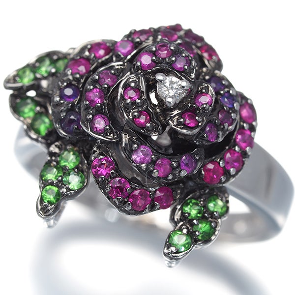  ルビー 0.60ct ダイヤ グリーンガーネット 薔薇  リング K18WG/ブラックコーティング 