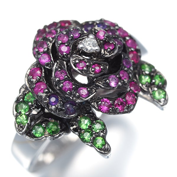  ルビー 0.60ct ダイヤ グリーンガーネット 薔薇  リング K18WG/ブラックコーティング 