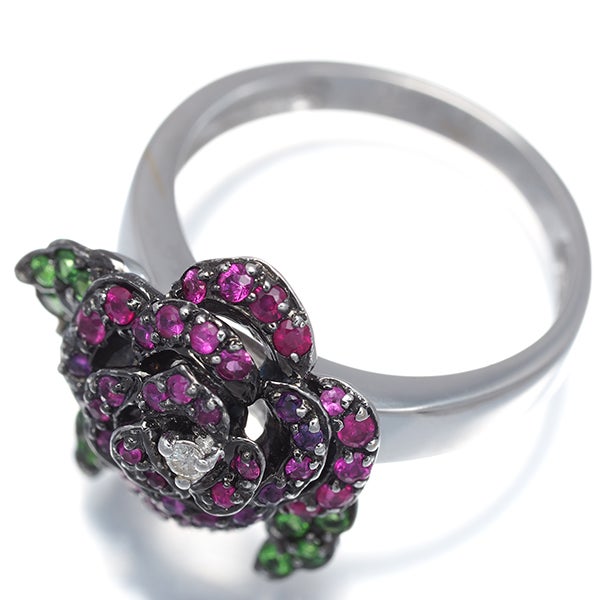  ルビー 0.60ct ダイヤ グリーンガーネット 薔薇  リング K18WG/ブラックコーティング 