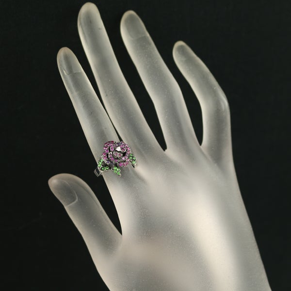  ルビー 0.60ct ダイヤ グリーンガーネット 薔薇  リング K18WG/ブラックコーティング 