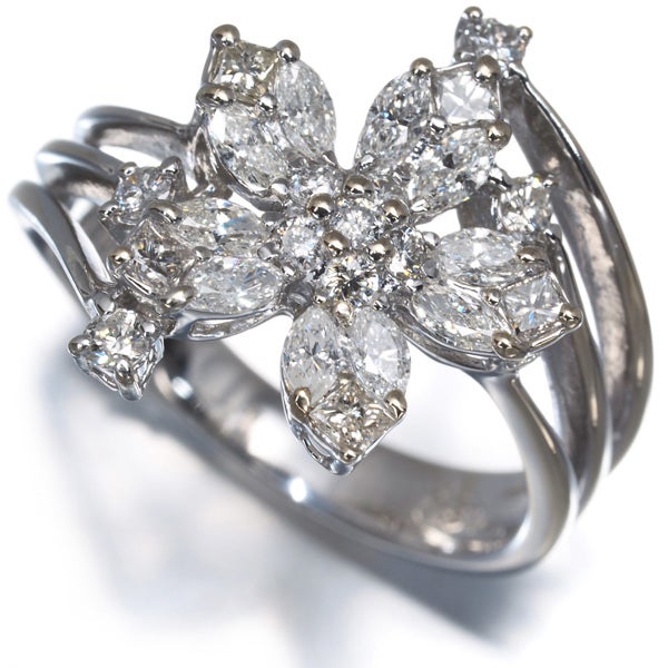  ダイヤ 0.91ct 3種カット フラワー  リング K18WG 