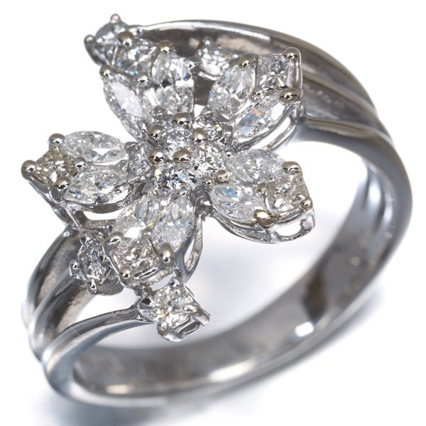  ダイヤ 0.91ct 3種カット フラワー  リング K18WG 