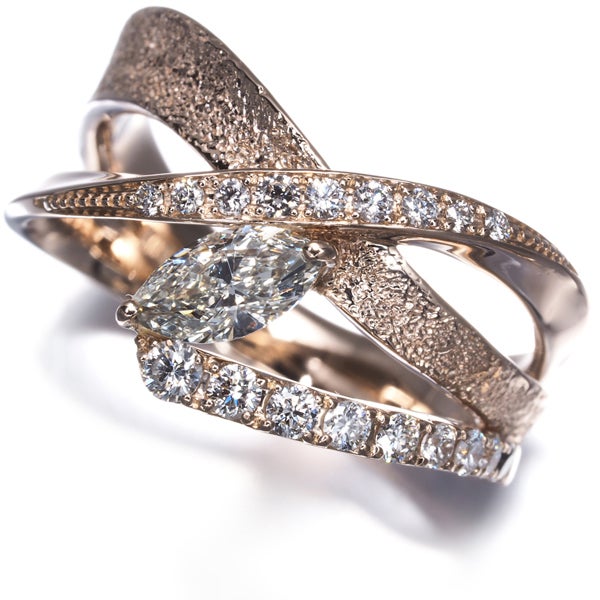  ダイヤ 0.350ct/0.26ct マーキース 2種カット  リング K18PG 