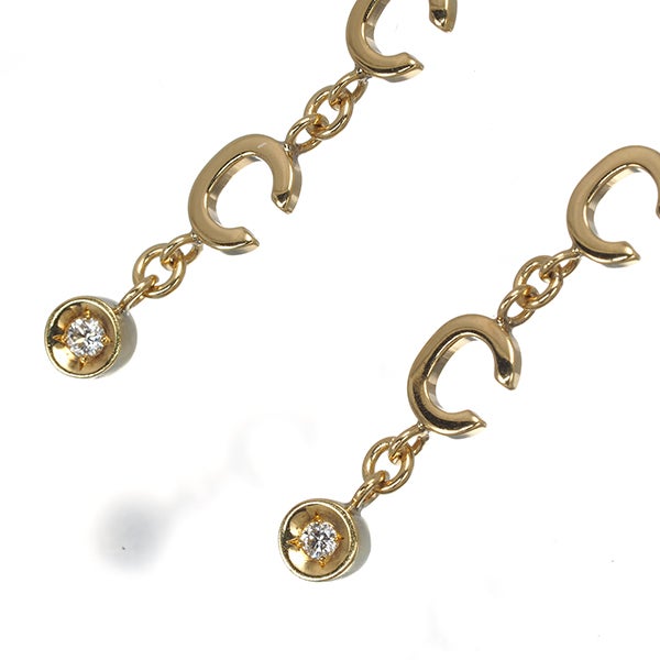 セリーヌ ピアス  ダイヤ 0.02ct/0.02ct  Cロゴ 一粒 揺れる K18YG 
