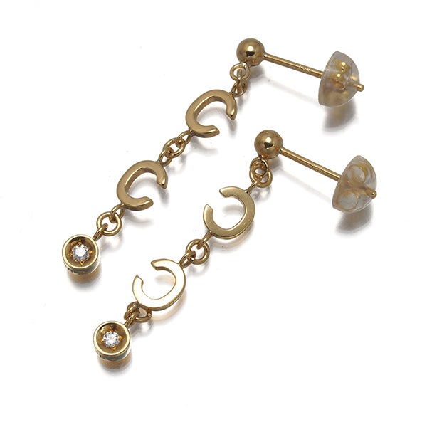 セリーヌ ピアス  ダイヤ 0.02ct/0.02ct  Cロゴ 一粒 揺れる K18YG 