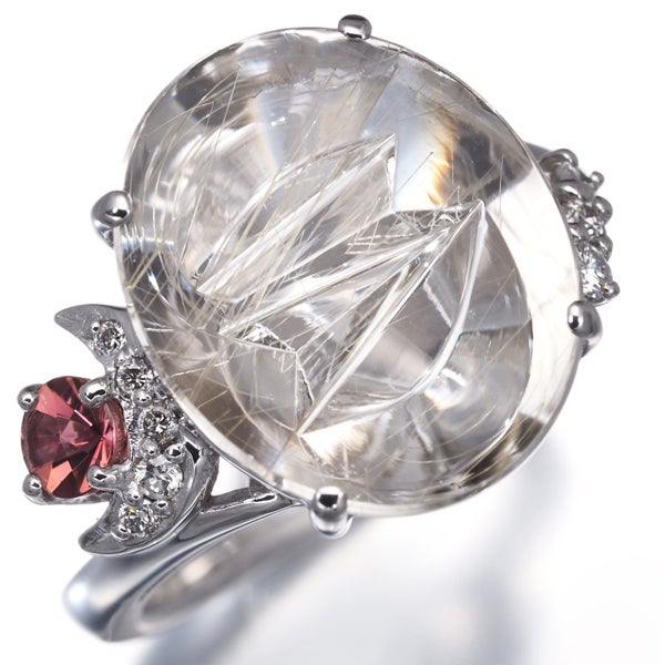 ルチルクォーツ 4.94ct トルマリン 0.15ct ダイヤ   リング K18WG 