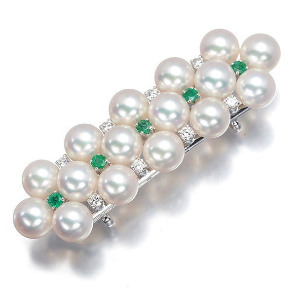 ミキモト 帯留め  アコヤ真珠 6.4mm エメラルド ダイヤ   K14WG 