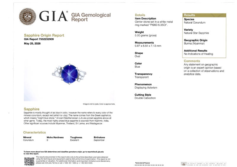 ミキモト ビルマ産 スターサファイア 6.35ct  ダイヤ  10号 Pt950 鑑別書